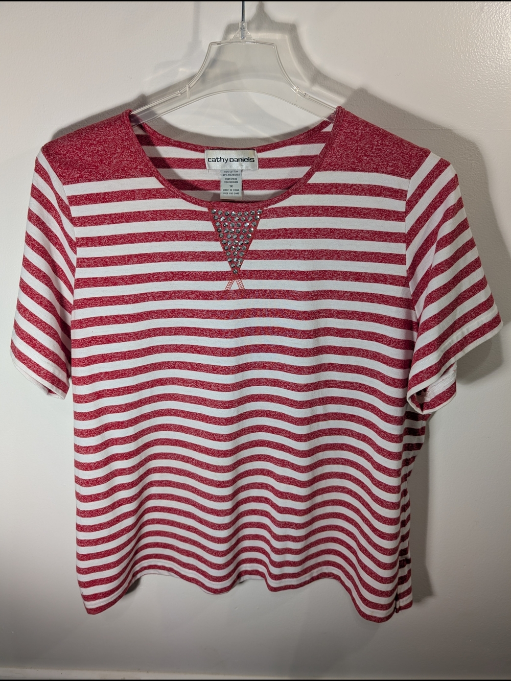 Cathy Daniels Red & White Striped Short Sleeve Tee with Triangle Detail Size 1 X